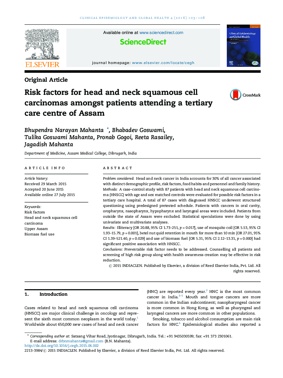 Risk factors for head and neck squamous cell carcinomas amongst patients attending a tertiary care centre of Assam