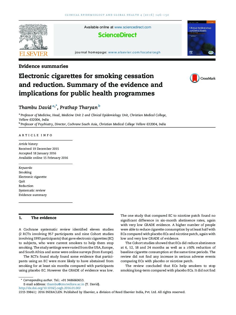 Electronic cigarettes for smoking cessation and reduction. Summary of the evidence and implications for public health programmes