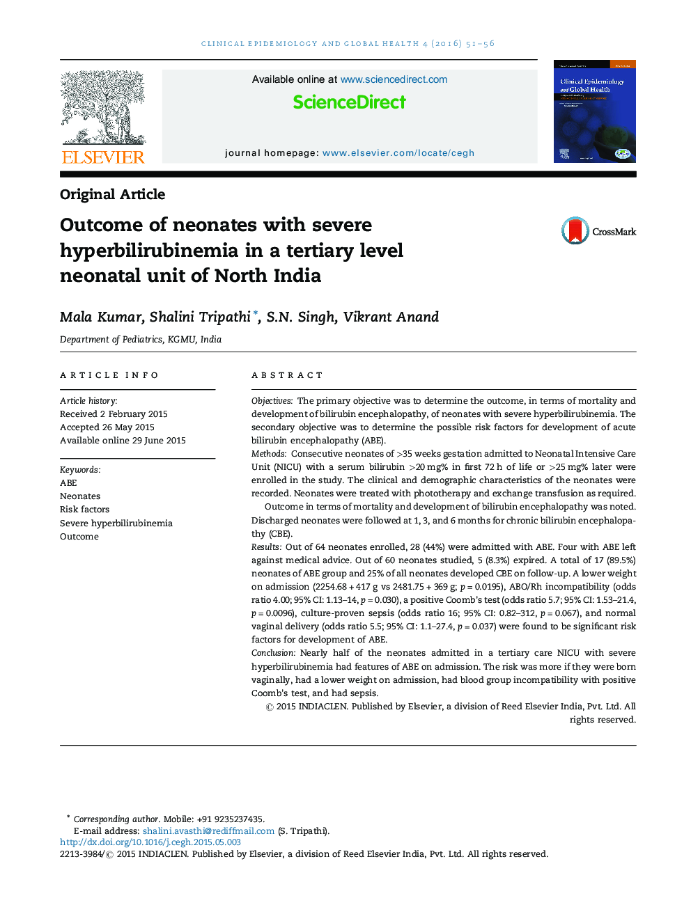 Outcome of neonates with severe hyperbilirubinemia in a tertiary level neonatal unit of North India