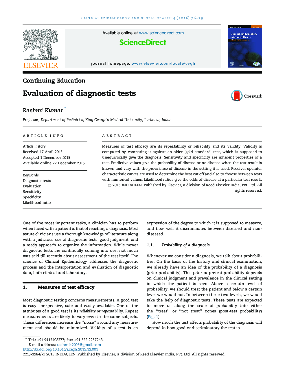 Evaluation of diagnostic tests