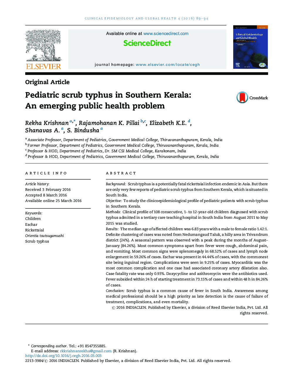 Pediatric scrub typhus in Southern Kerala: An emerging public health problem