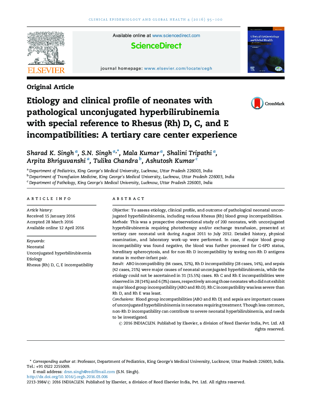 Etiology and clinical profile of neonates with pathological unconjugated hyperbilirubinemia with special reference to Rhesus (Rh) D, C, and E incompatibilities: A tertiary care center experience