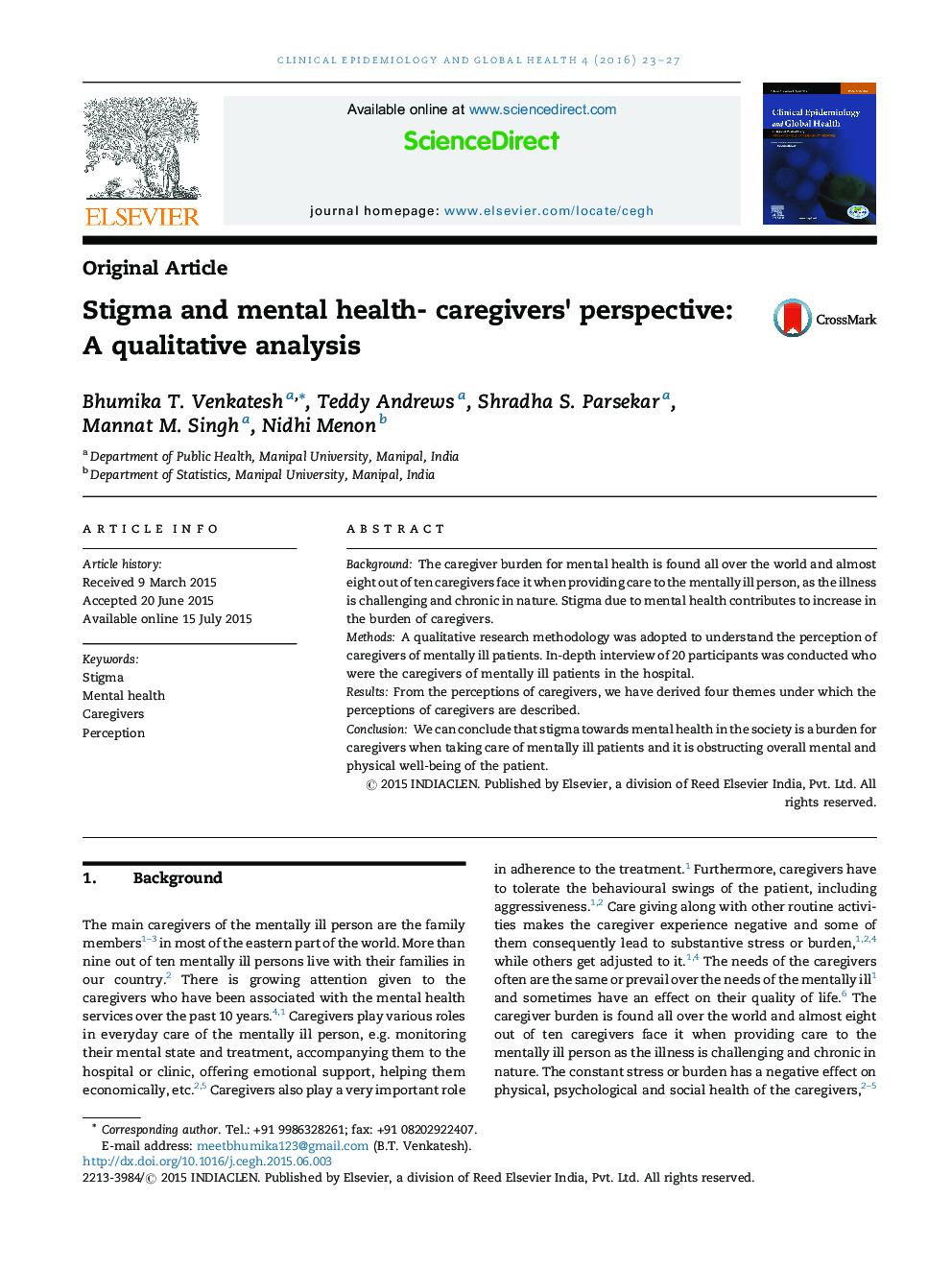 Stigma and mental health- caregivers’ perspective: A qualitative analysis