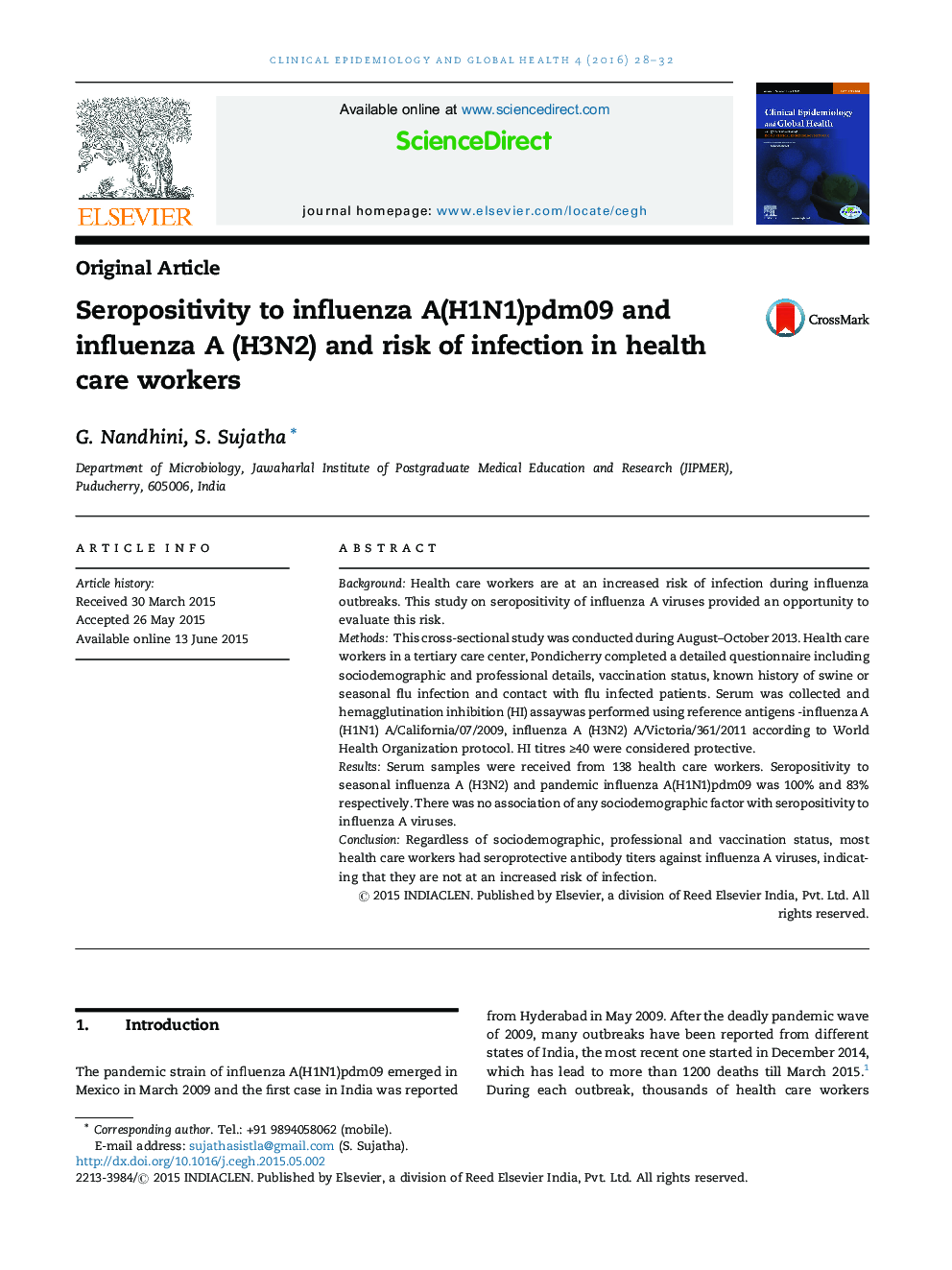 Seropositivity to influenza A(H1N1)pdm09 and influenza A (H3N2) and risk of infection in health care workers