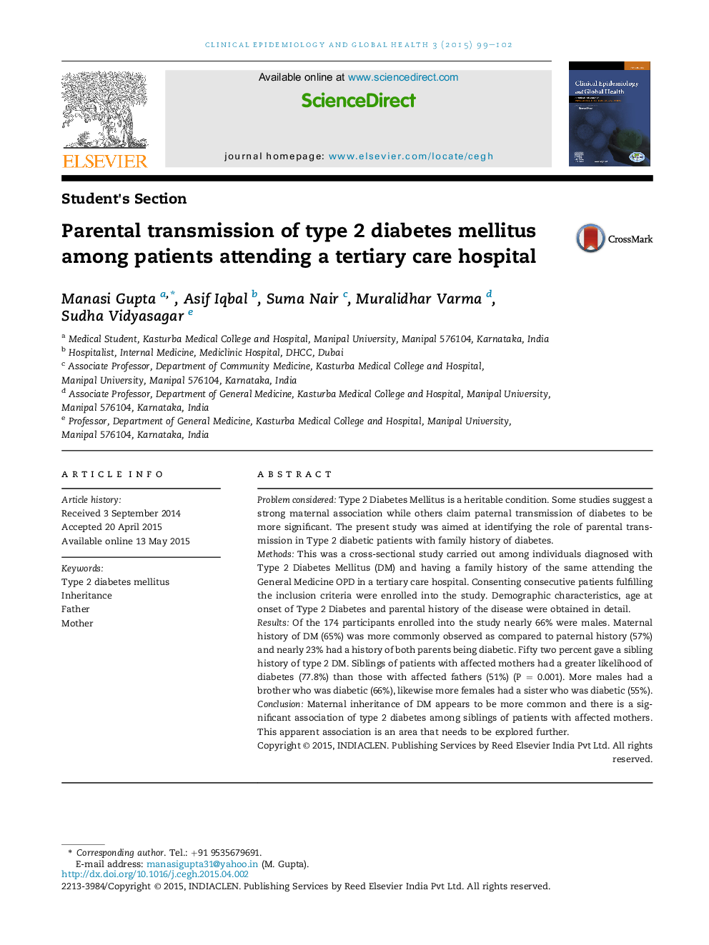 Parental transmission of type 2 diabetes mellitus among patients attending a tertiary care hospital