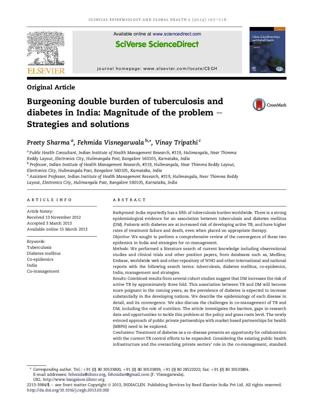 Burgeoning double burden of tuberculosis and diabetes in India: Magnitude of the problem – Strategies and solutions