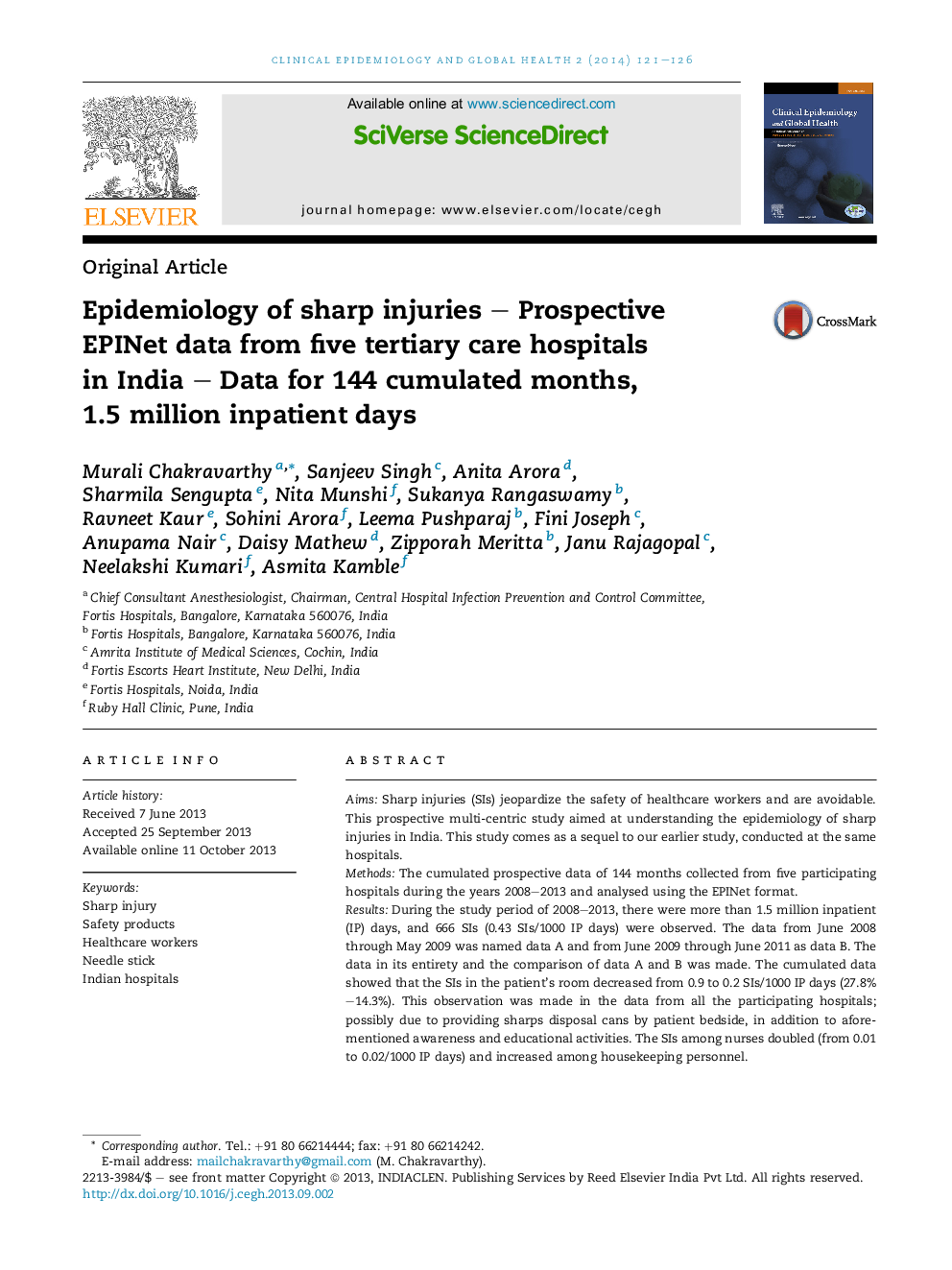 Epidemiology of sharp injuries – Prospective EPINet data from five tertiary care hospitals in India – Data for 144 cumulated months, 1.5 million inpatient days