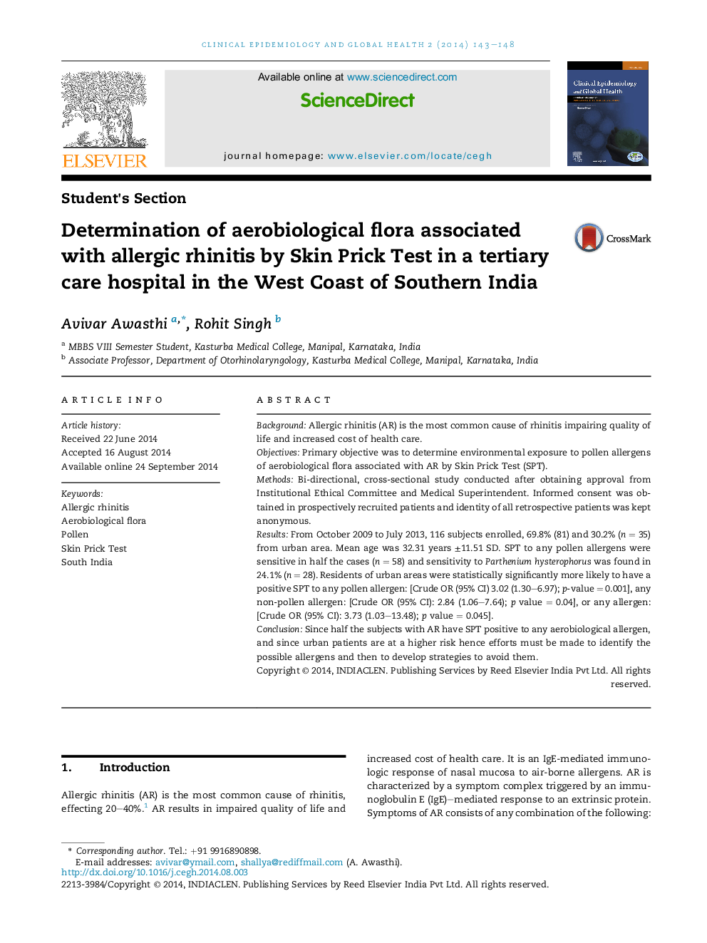 Determination of aerobiological flora associated with allergic rhinitis by Skin Prick Test in a tertiary care hospital in the West Coast of Southern India