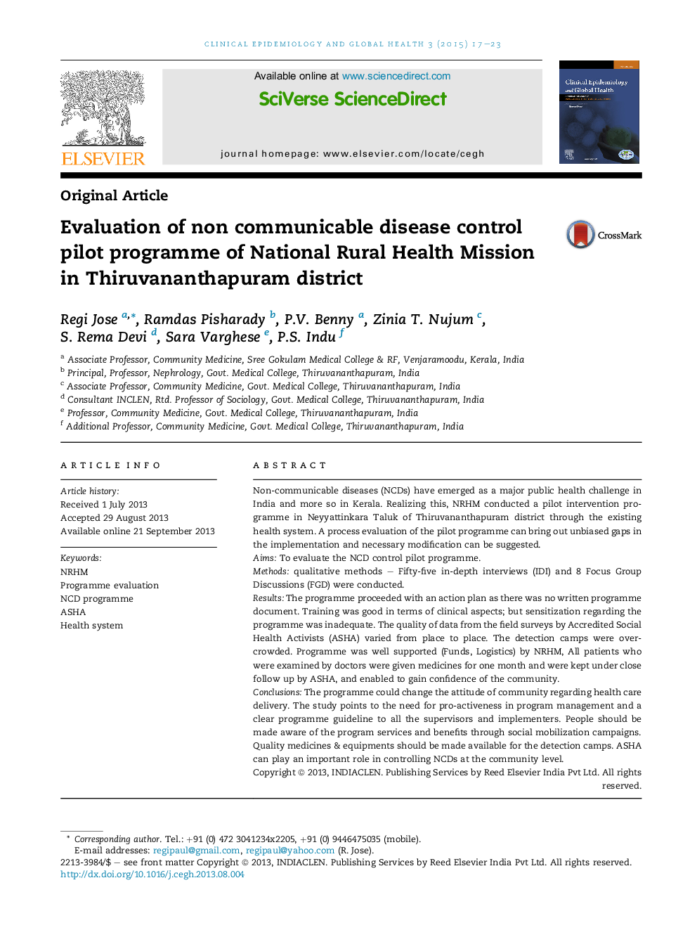 Evaluation of non communicable disease control pilot programme of National Rural Health Mission in Thiruvananthapuram district