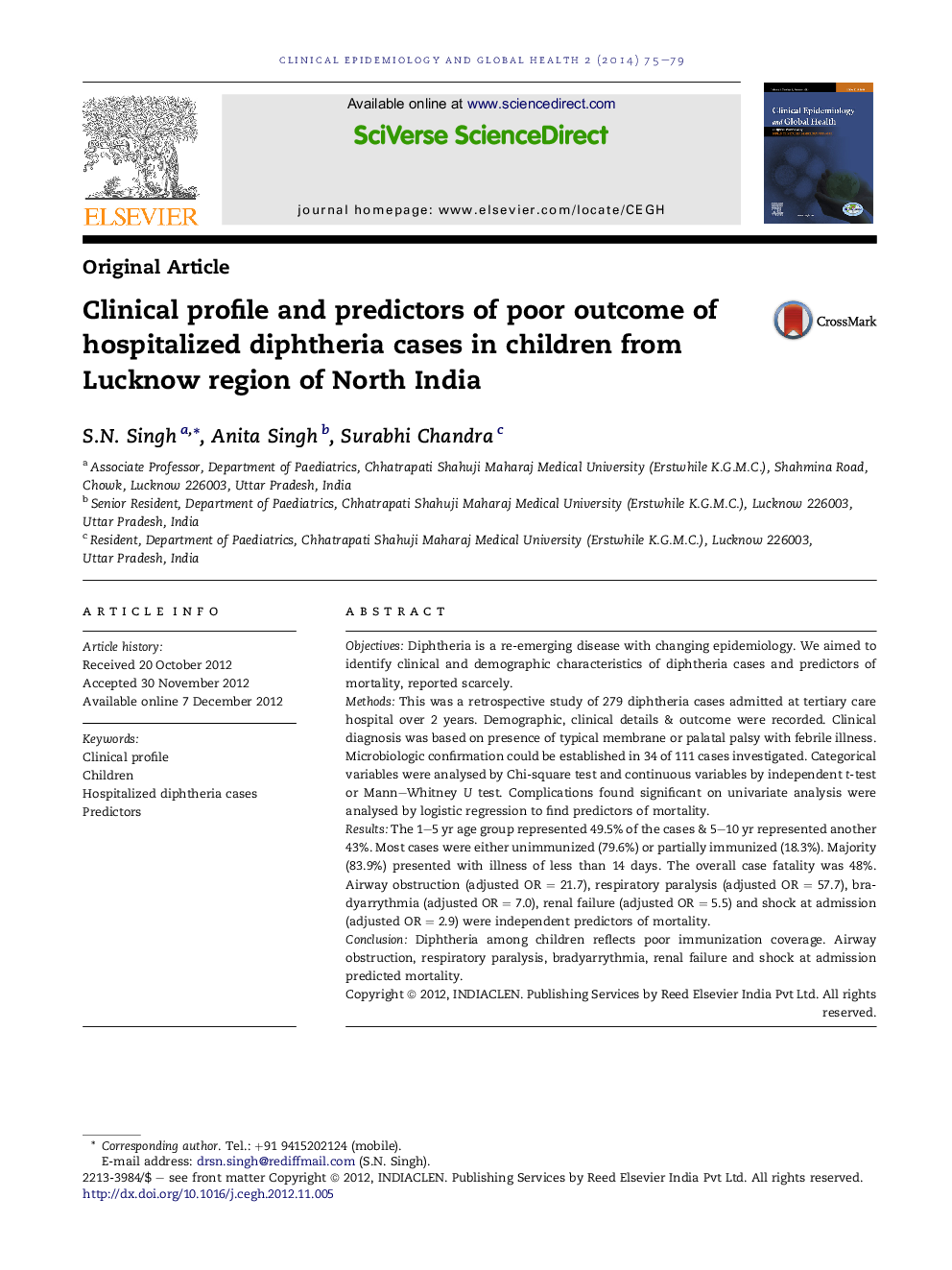 Clinical profile and predictors of poor outcome of hospitalized diphtheria cases in children from Lucknow region of North India