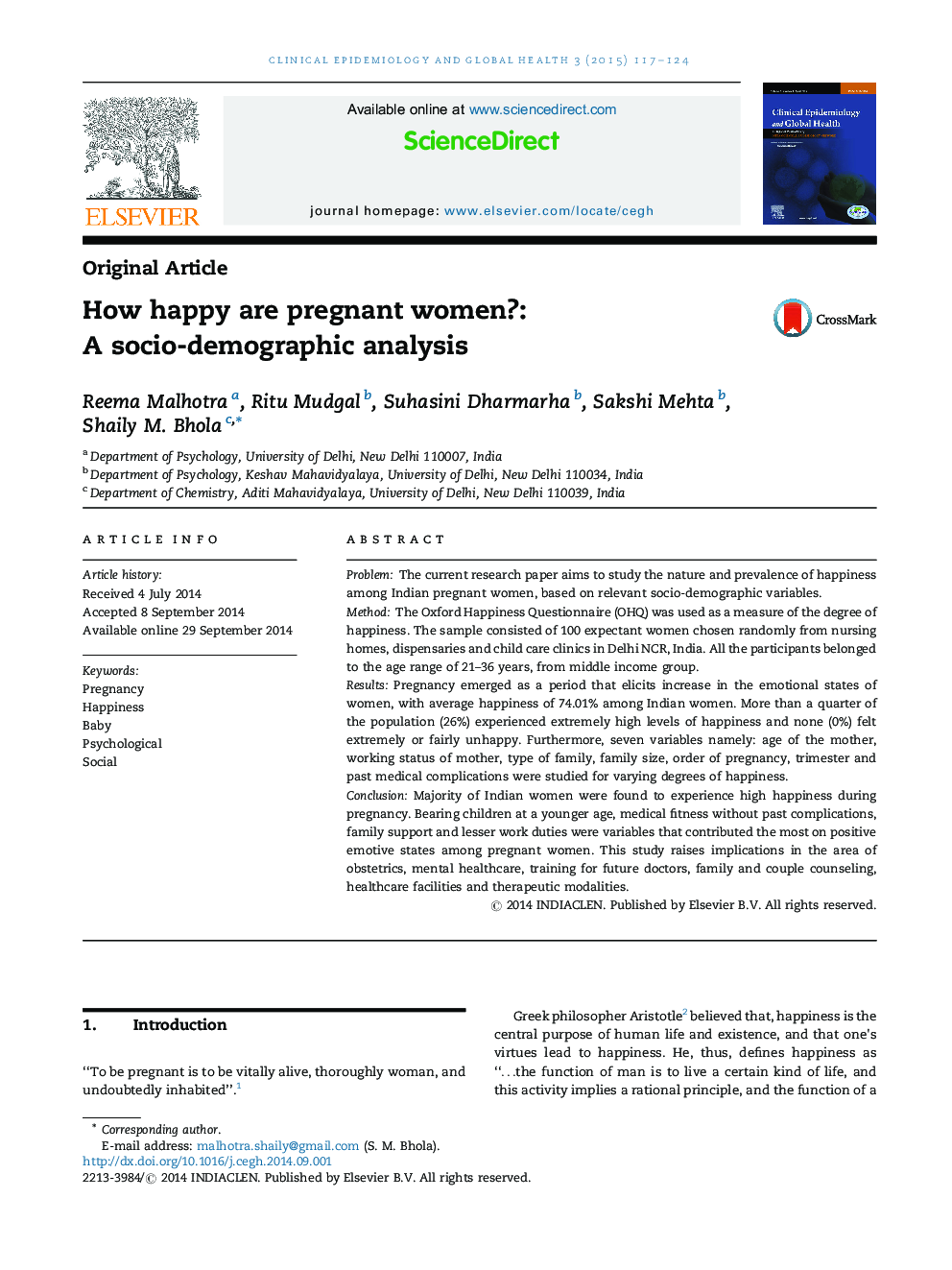 How happy are pregnant women?: A socio-demographic analysis