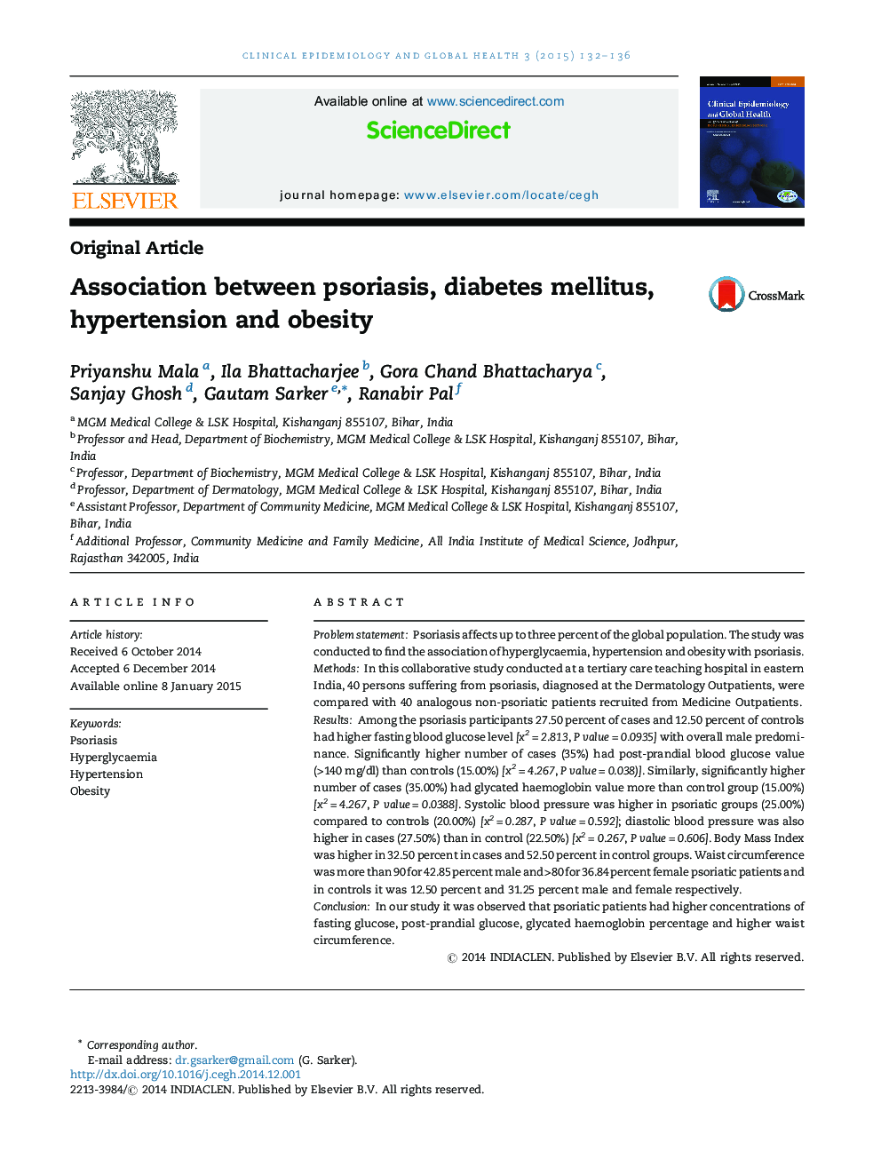 Association between psoriasis, diabetes mellitus, hypertension and obesity