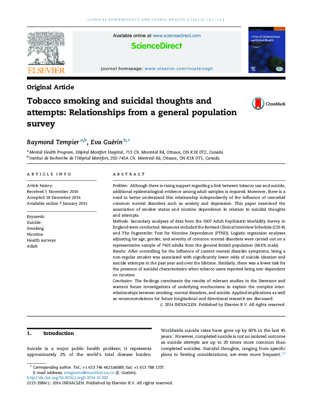 Tobacco smoking and suicidal thoughts and attempts: Relationships from a general population survey