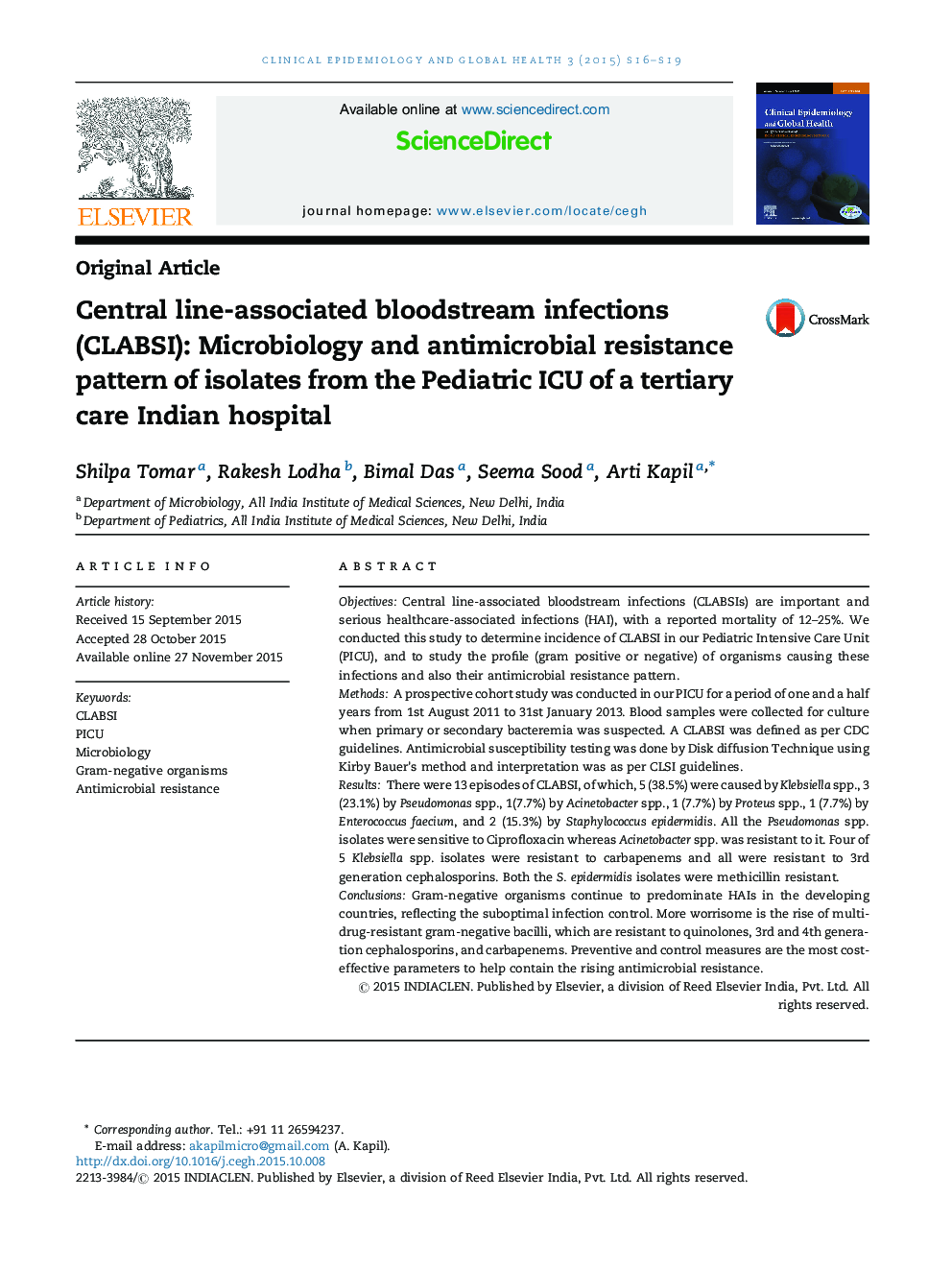 Central line-associated bloodstream infections (CLABSI): Microbiology and antimicrobial resistance pattern of isolates from the Pediatric ICU of a tertiary care Indian hospital