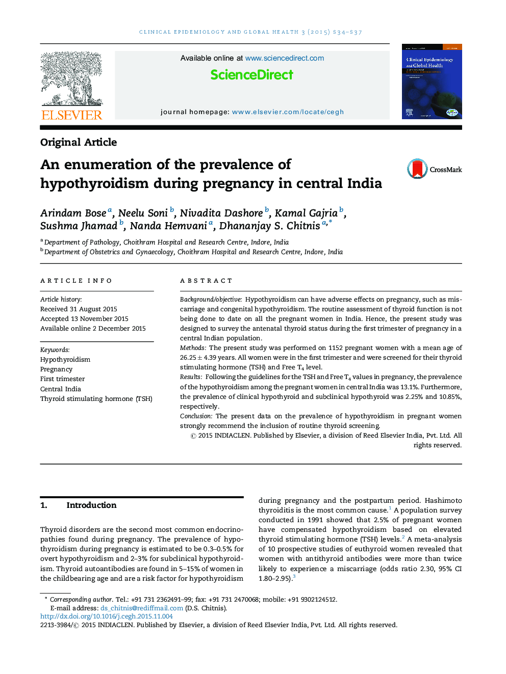 An enumeration of the prevalence of hypothyroidism during pregnancy in central India