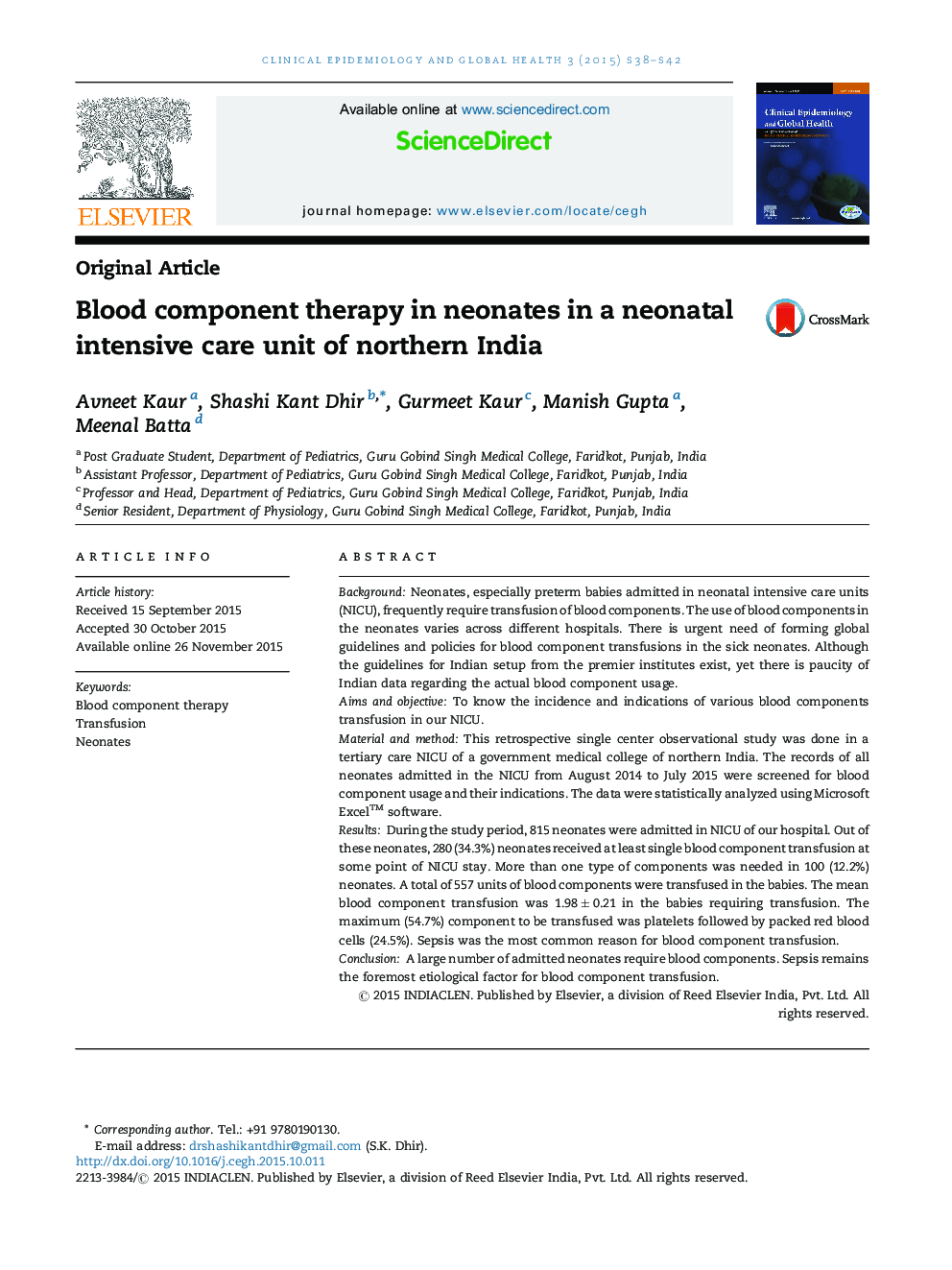 Blood component therapy in neonates in a neonatal intensive care unit of northern India