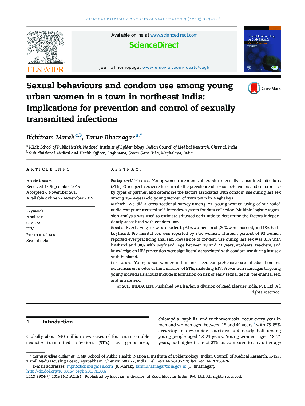 Sexual behaviours and condom use among young urban women in a town in northeast India: Implications for prevention and control of sexually transmitted infections