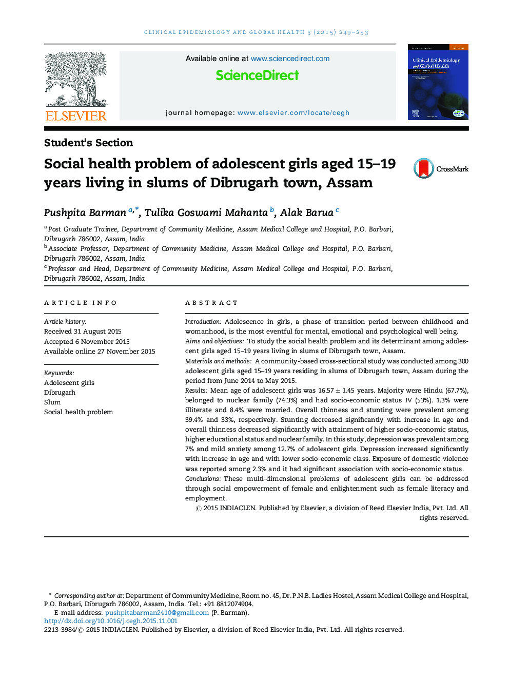 Social health problem of adolescent girls aged 15–19 years living in slums of Dibrugarh town, Assam