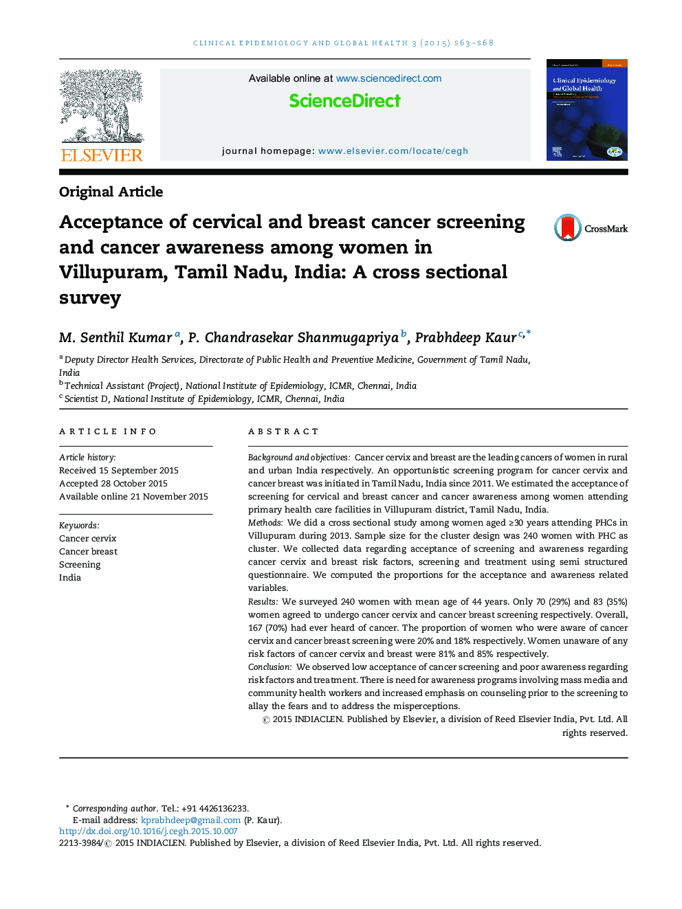 Acceptance of cervical and breast cancer screening and cancer awareness among women in Villupuram, Tamil Nadu, India: A cross sectional survey