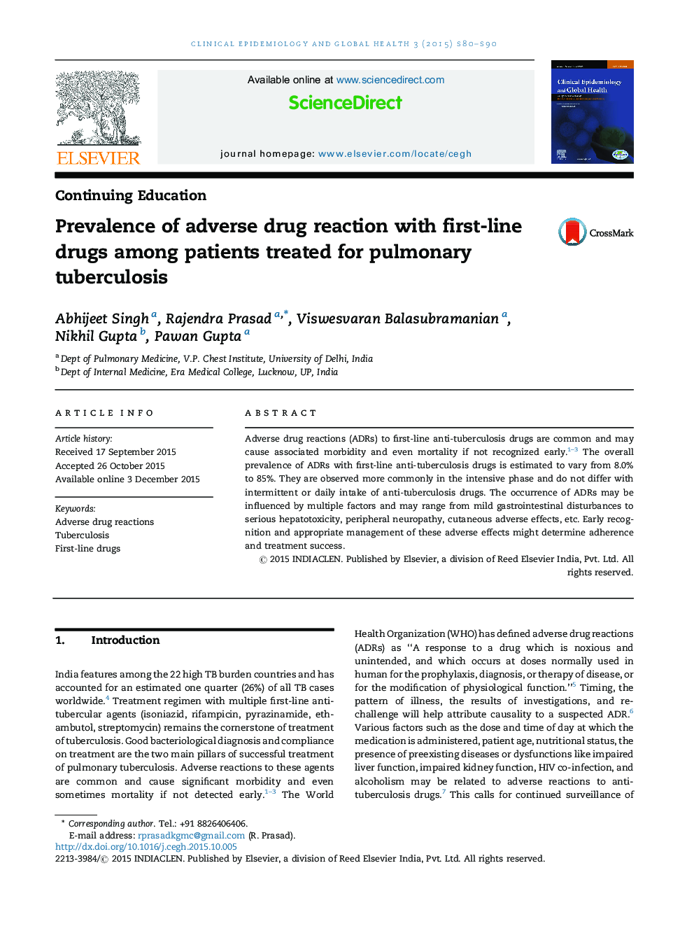 Prevalence of adverse drug reaction with first-line drugs among patients treated for pulmonary tuberculosis