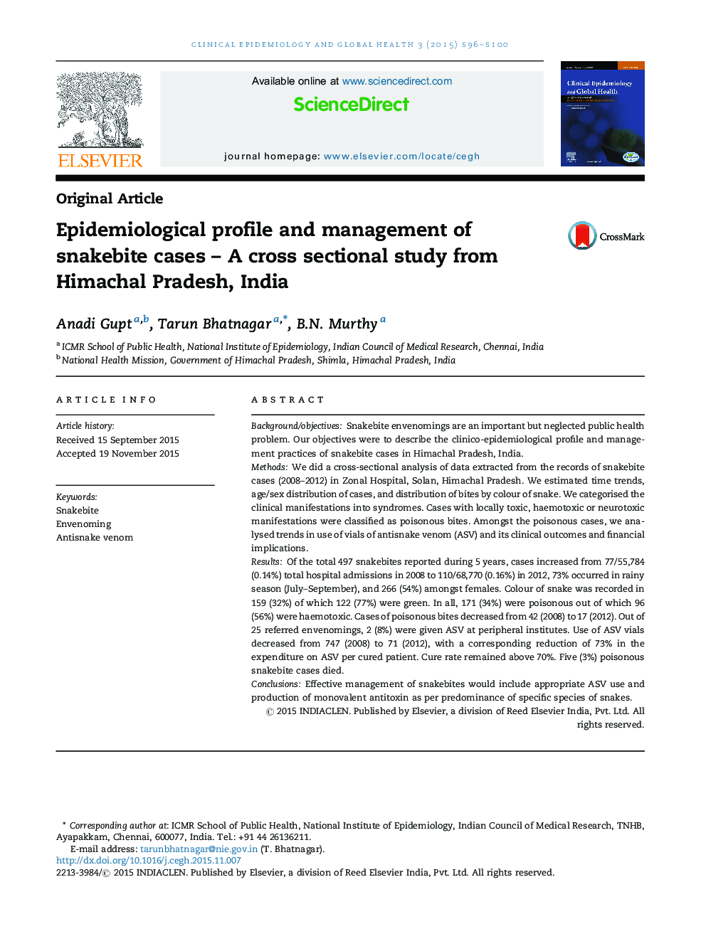 Epidemiological profile and management of snakebite cases – A cross sectional study from Himachal Pradesh, India