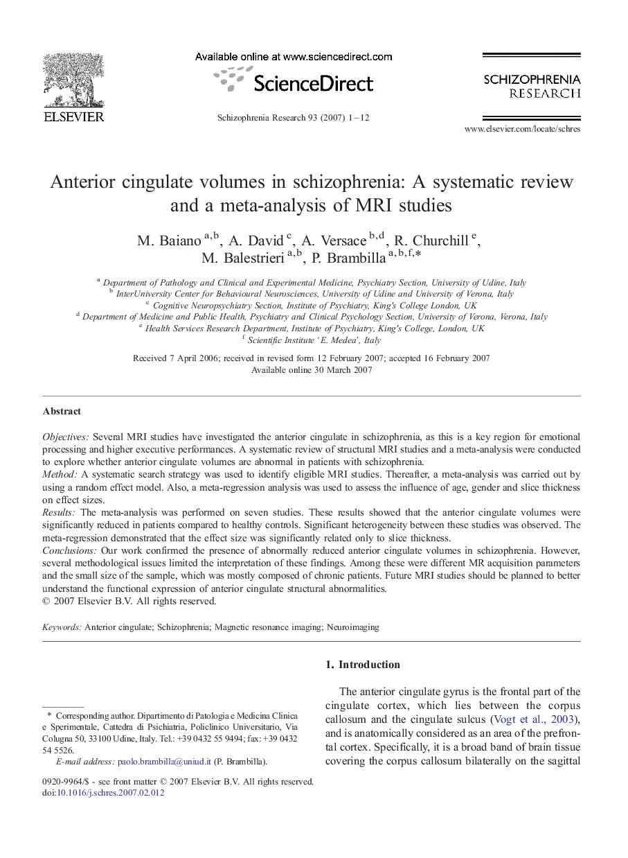 Anterior cingulate volumes in schizophrenia: A systematic review and a meta-analysis of MRI studies