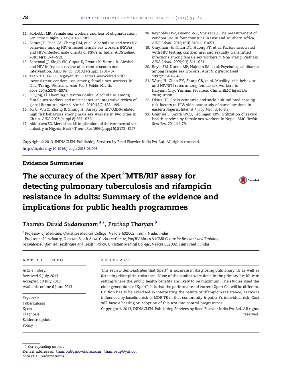 The accuracy of the Xpert®MTB/RIF assay for detecting pulmonary tuberculosis and rifampicin resistance in adults: Summary of the evidence and implications for public health programmes