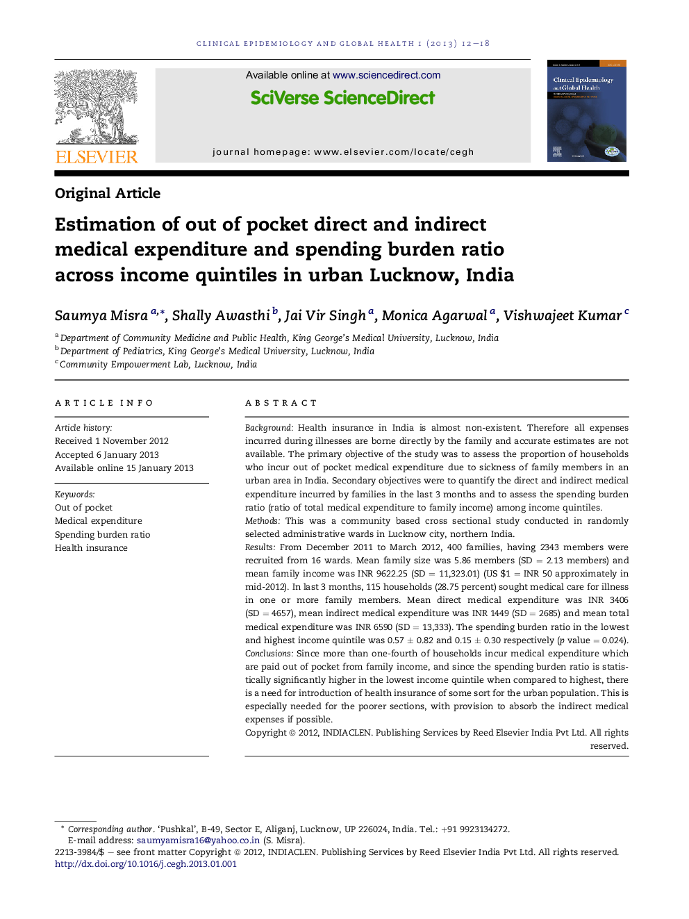 Estimation of out of pocket direct and indirect medical expenditure and spending burden ratio across income quintiles in urban Lucknow, India