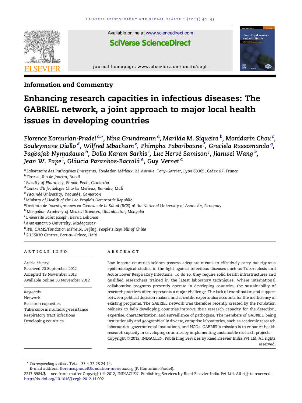 Enhancing research capacities in infectious diseases: The GABRIEL network, a joint approach to major local health issues in developing countries