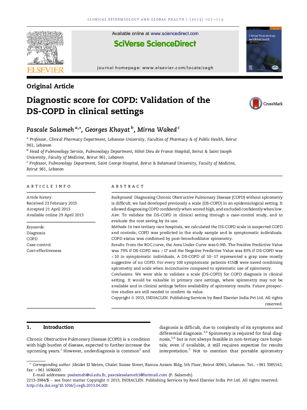 Diagnostic score for COPD: Validation of the DS-COPD in clinical settings