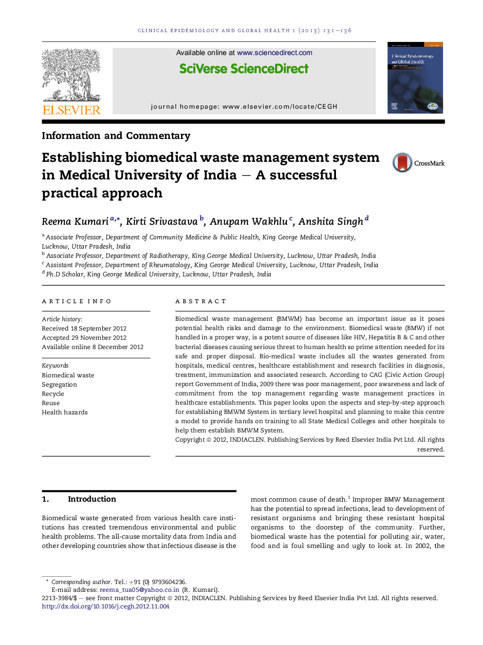 Establishing biomedical waste management system in Medical University of India - A successful practical approach