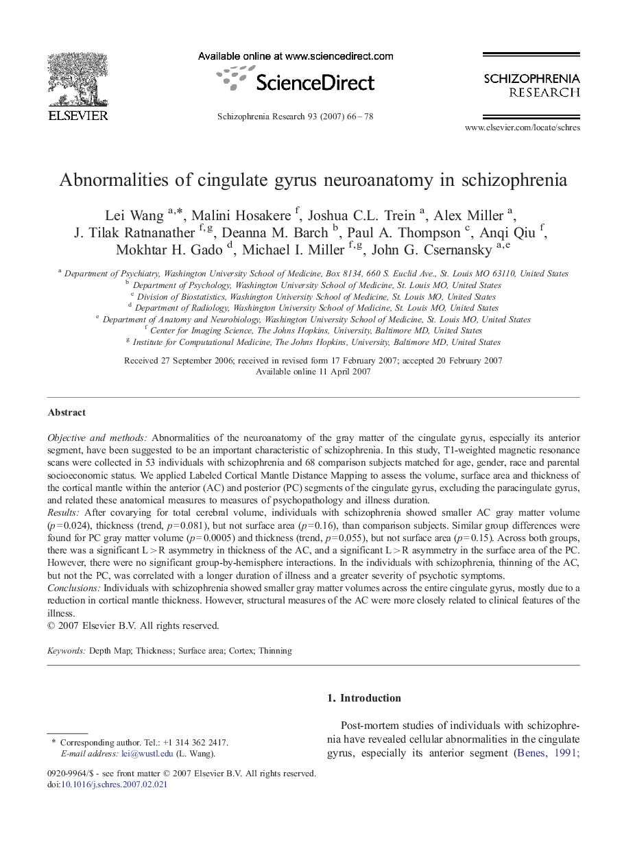 Abnormalities of cingulate gyrus neuroanatomy in schizophrenia