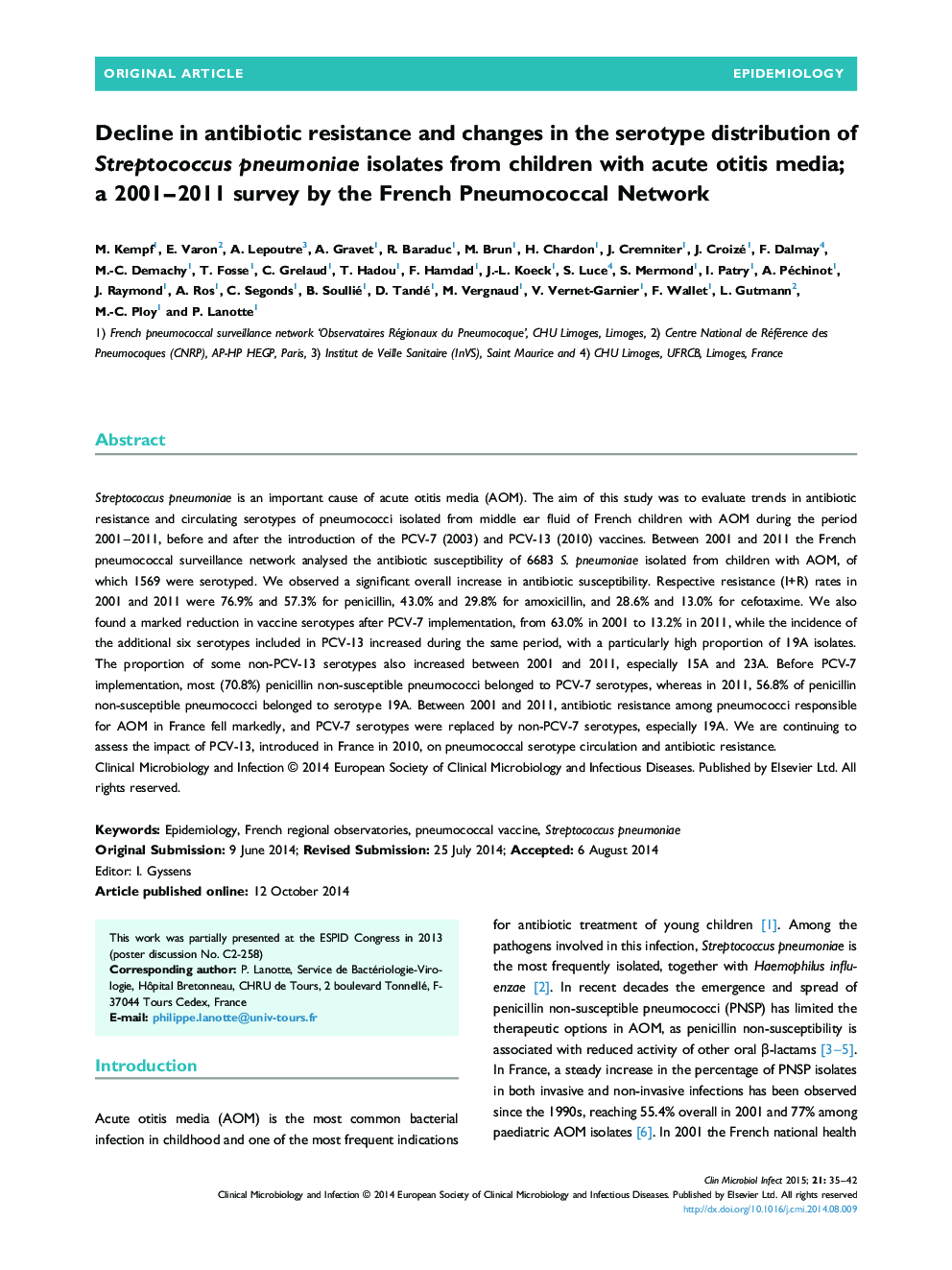 Decline in antibiotic resistance and changes in the serotype distribution of Streptococcus pneumoniae isolates from children with acute otitis media; a 2001–2011 survey by the French Pneumococcal Network 