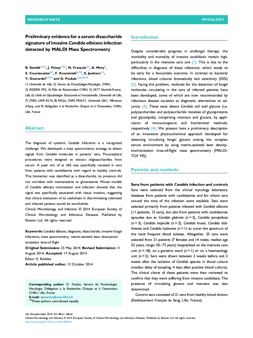 Preliminary evidence for a serum disaccharide signature of invasive Candida albicans infection detected by MALDI Mass Spectrometry