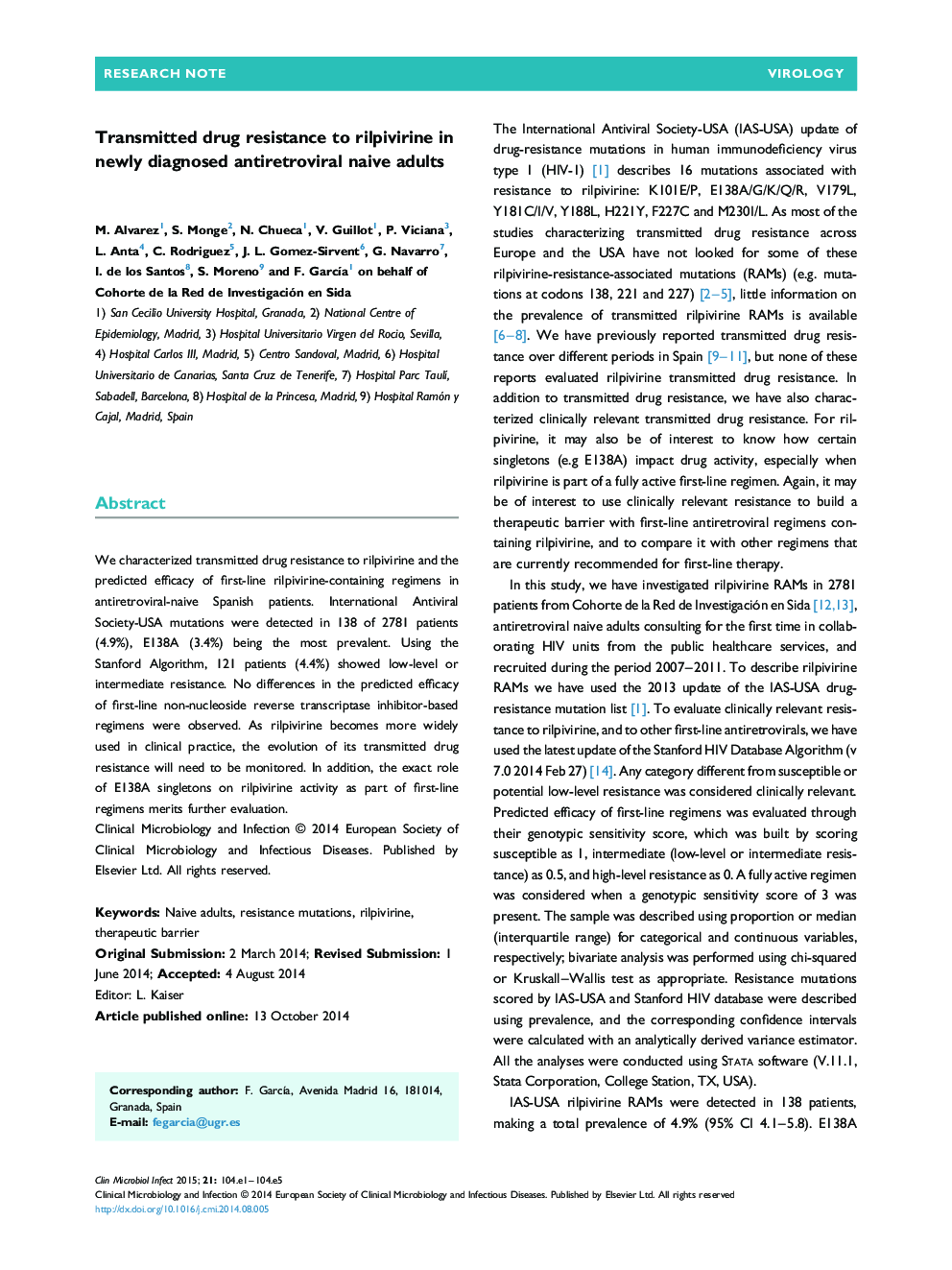 Transmitted drug resistance to rilpivirine in newly diagnosed antiretroviral naive adults