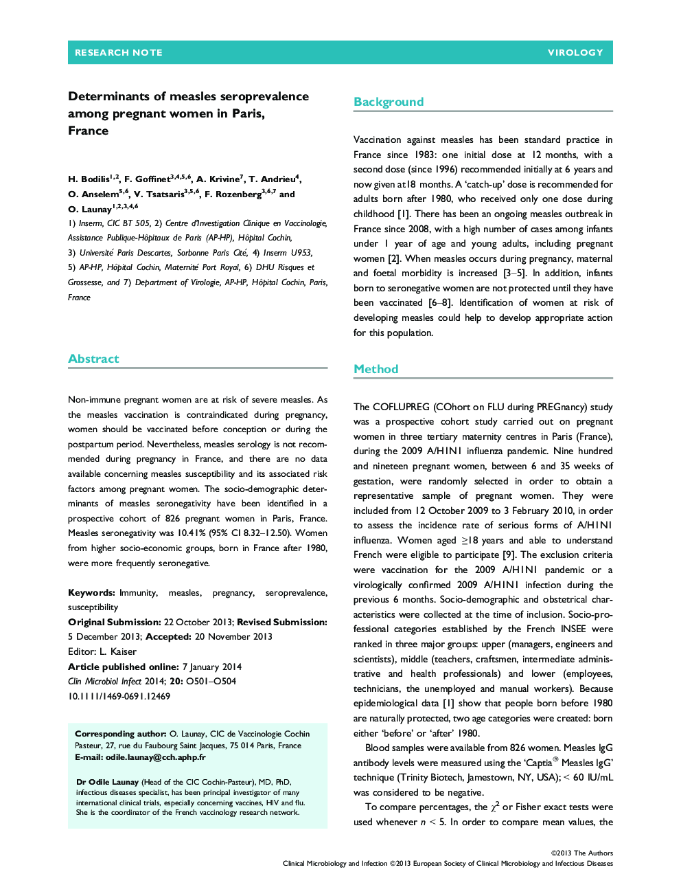 Determinants of measles seroprevalence among pregnant women in Paris, France