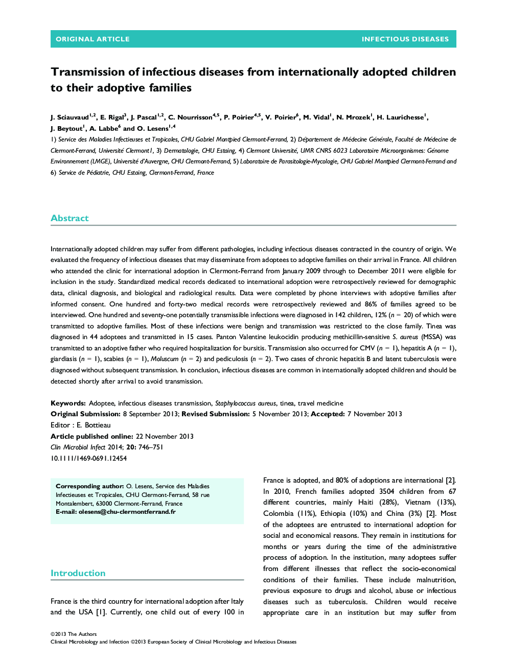 Transmission of infectious diseases from internationally adopted children to their adoptive families 