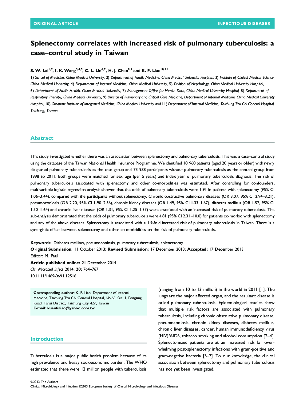 Splenectomy correlates with increased risk of pulmonary tuberculosis: a case–control study in Taiwan 