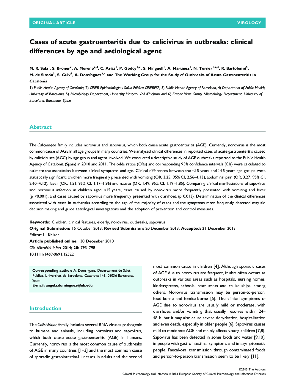 Cases of acute gastroenteritis due to calicivirus in outbreaks: clinical differences by age and aetiological agent 