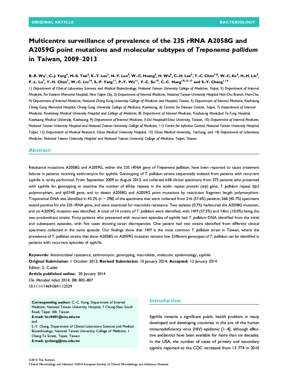 Multicentre surveillance of prevalence of the 23S rRNA A2058G and A2059G point mutations and molecular subtypes of Treponema pallidum in Taiwan, 2009–2013 