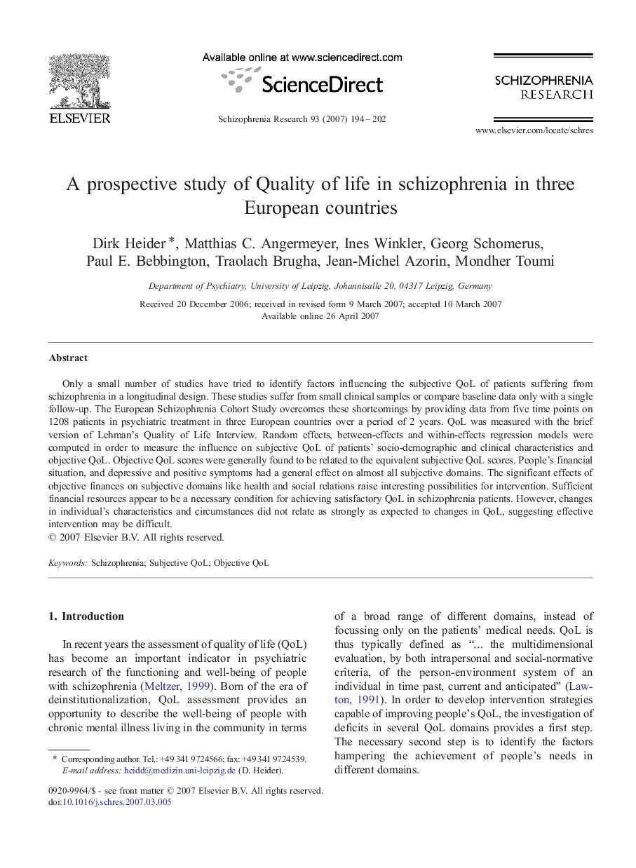A prospective study of Quality of life in schizophrenia in three European countries