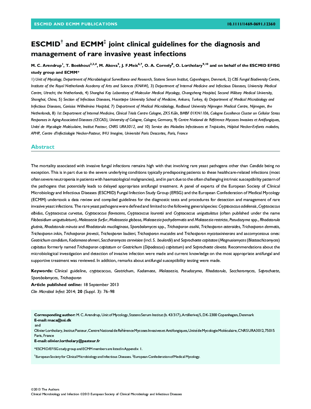 ESCMID† and ECMM‡ joint clinical guidelines for the diagnosis and management of rare invasive yeast infections 