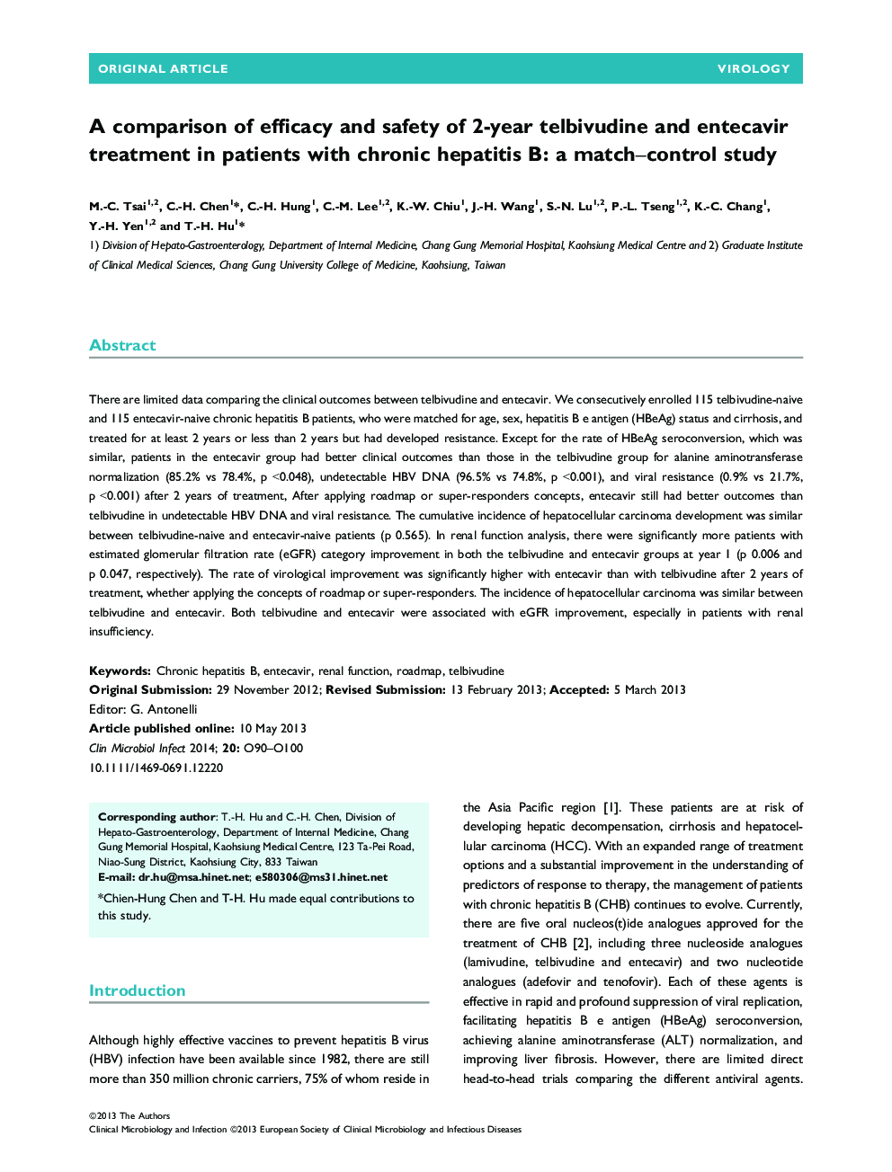 A comparison of efficacy and safety of 2-year telbivudine and entecavir treatment in patients with chronic hepatitis B: a match–control study 