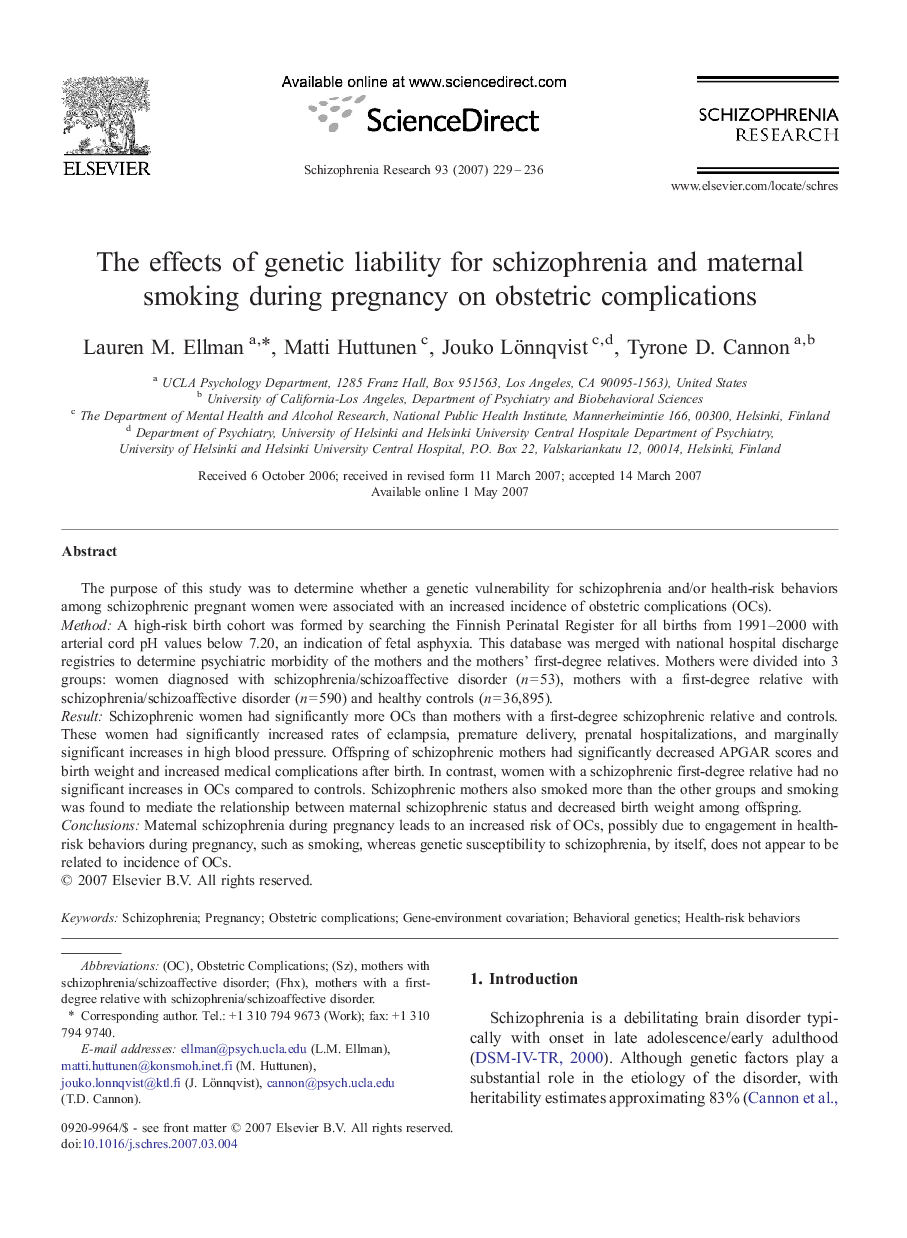 عکس صفحه اول مقاله: The effects of genetic liability for schizophrenia and maternal smoking during pregnancy on obstetric complications The effects of genetic liability for schizophrenia and maternal smoking during pregnancy on obstetric complications