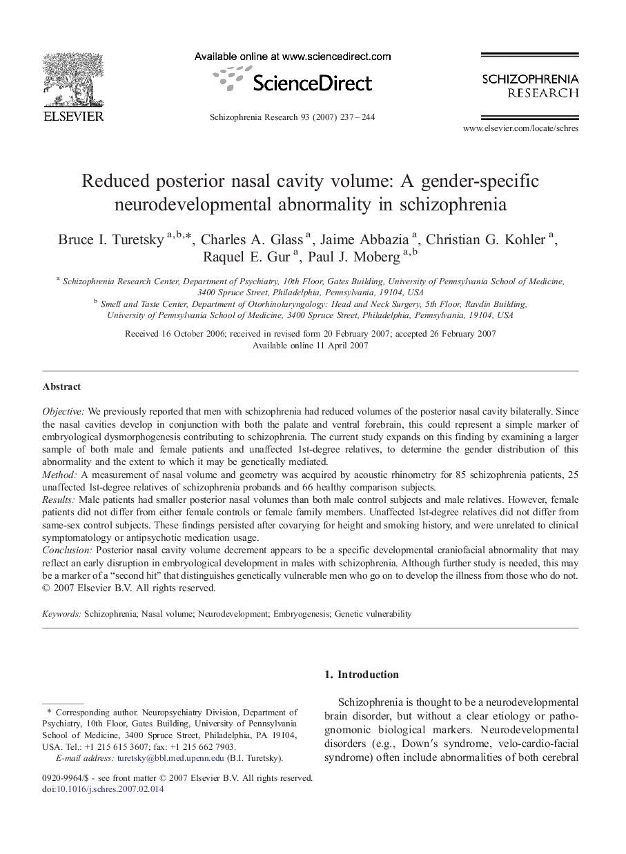 Reduced posterior nasal cavity volume: A gender-specific neurodevelopmental abnormality in schizophrenia