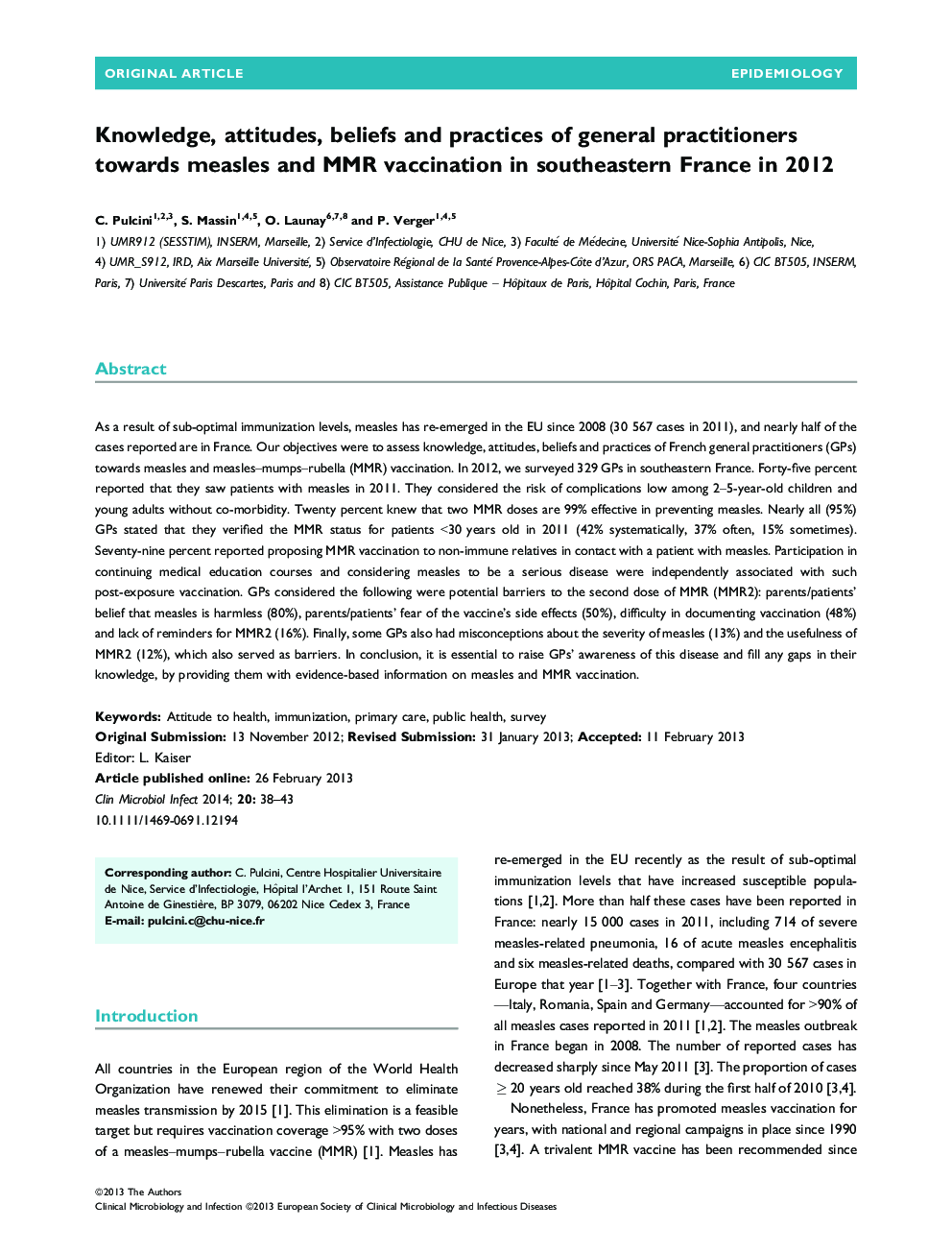 Knowledge, attitudes, beliefs and practices of general practitioners towards measles and MMR vaccination in southeastern France in 2012 