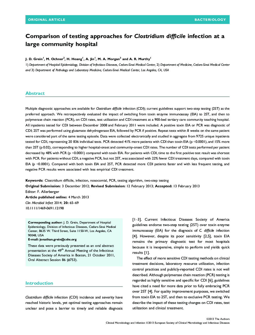 Comparison of testing approaches for Clostridium difficile infection at a large community hospital 