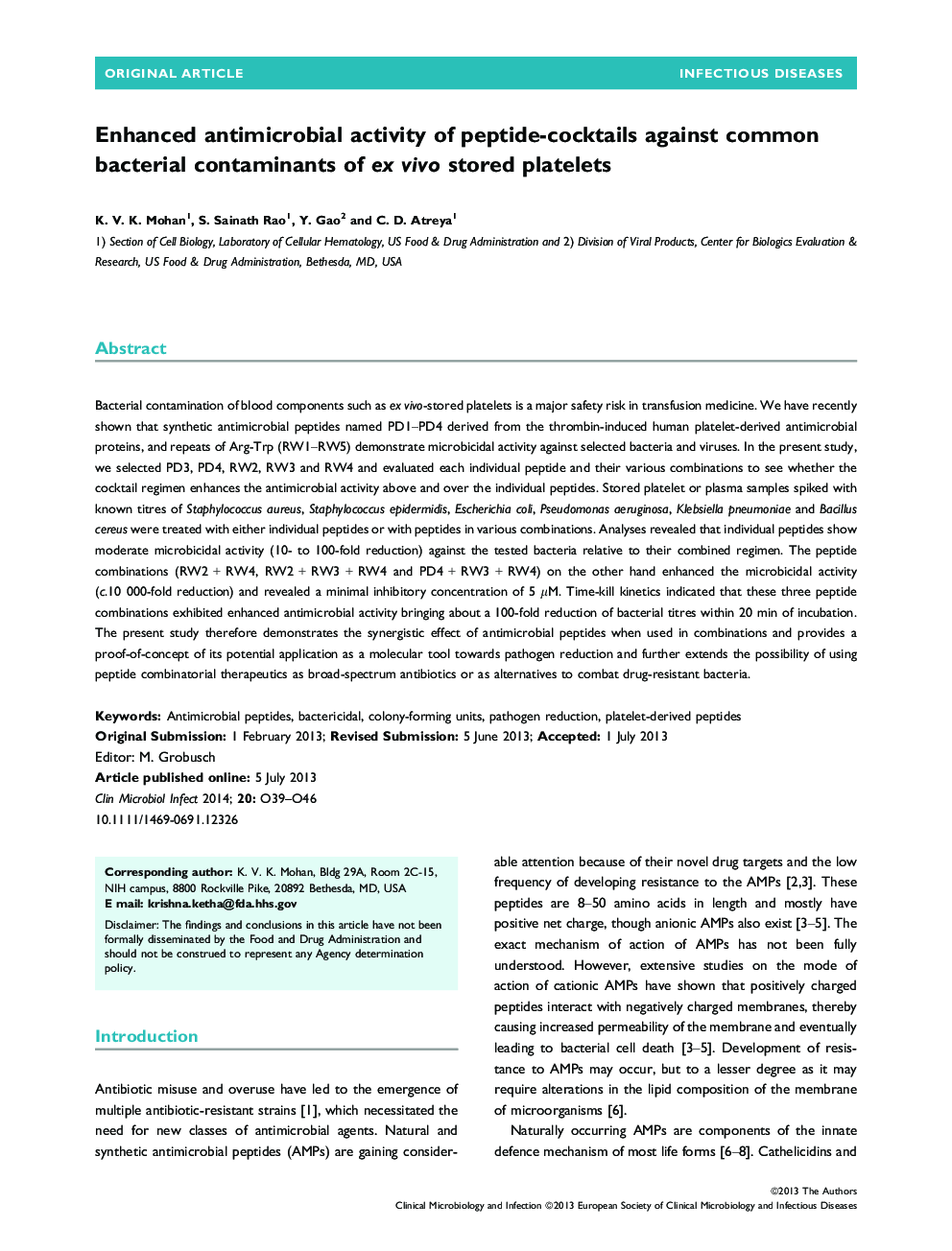 Enhanced antimicrobial activity of peptide-cocktails against common bacterial contaminants of ex vivo stored platelets 