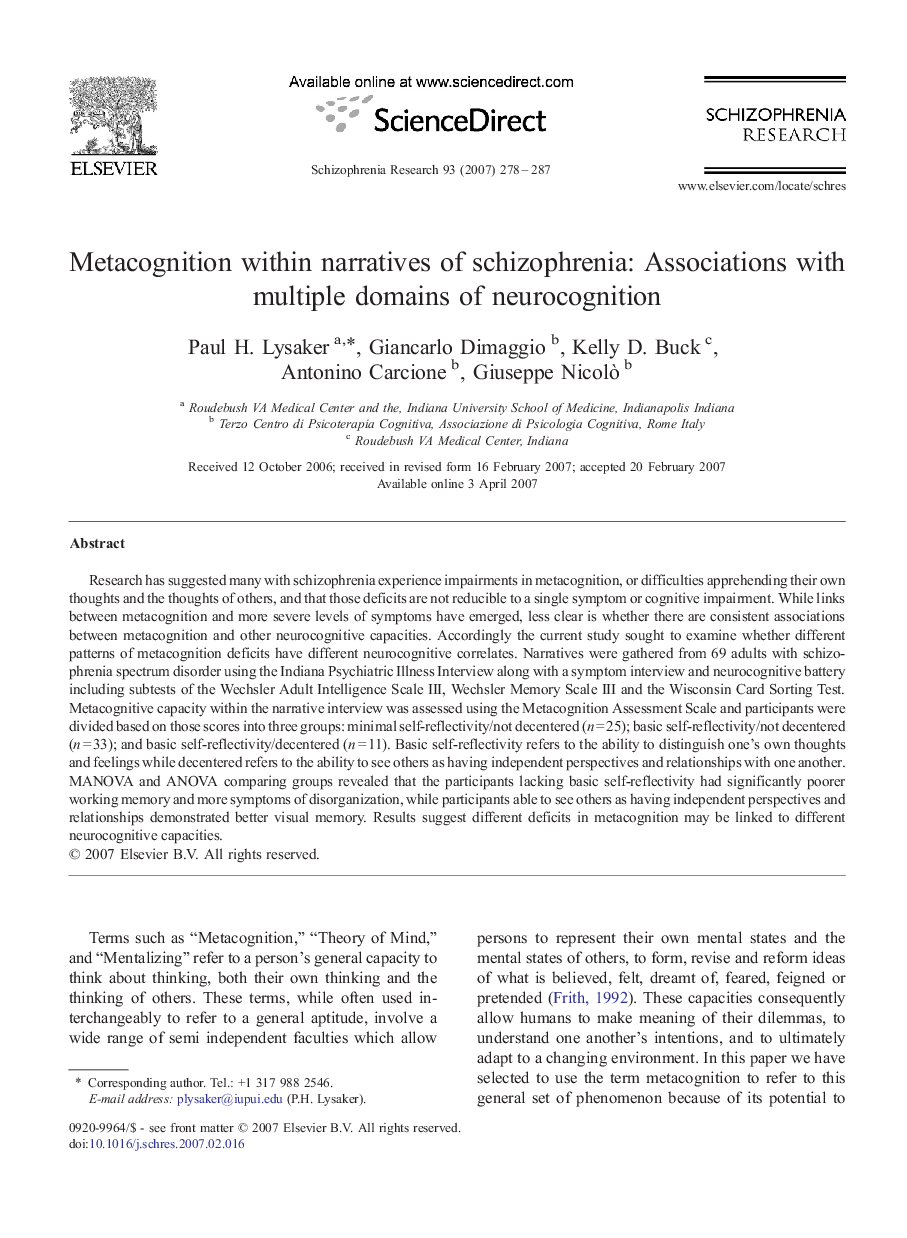 Metacognition within narratives of schizophrenia: Associations with multiple domains of neurocognition