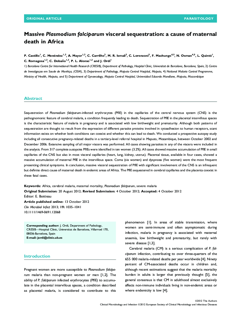 Massive Plasmodium falciparum visceral sequestration: a cause of maternal death in Africa 